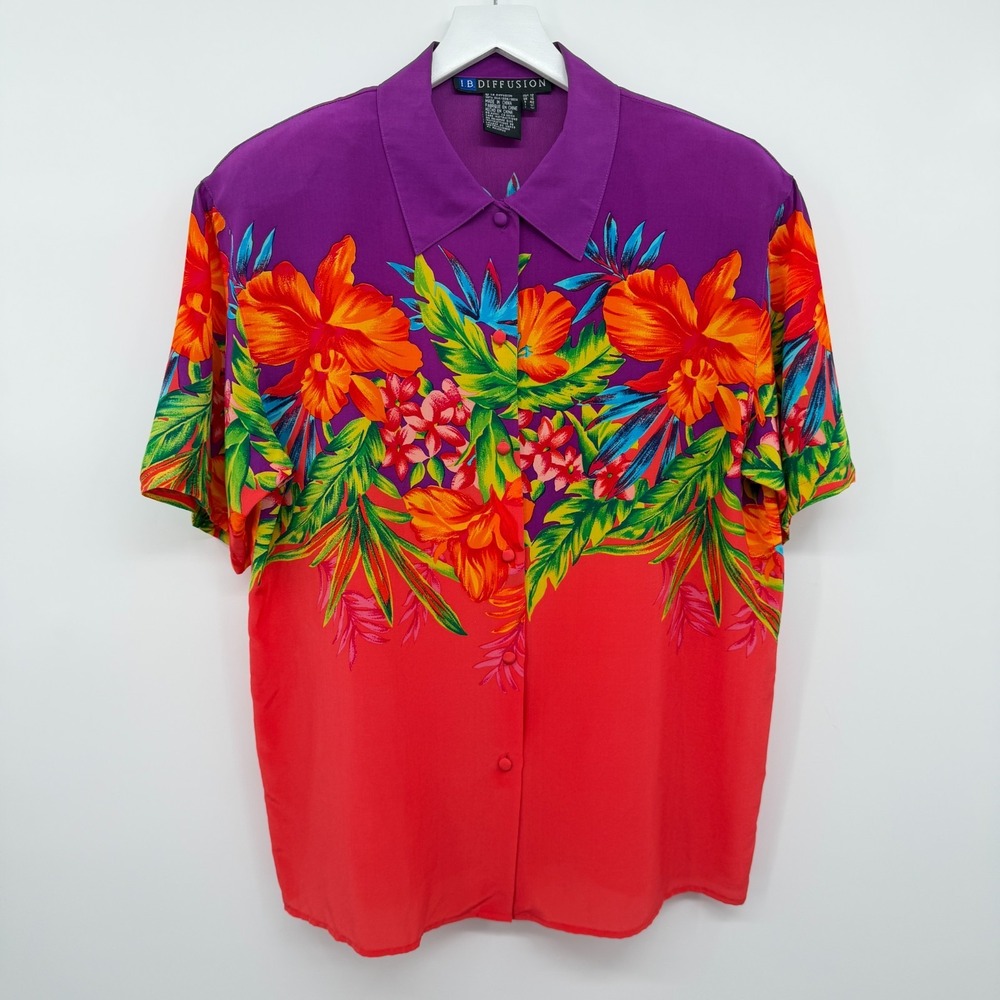 Vintage IB Diffusion Top Shirt Size 12 Shoulder Pads 100% Silk Coastal Cruise L